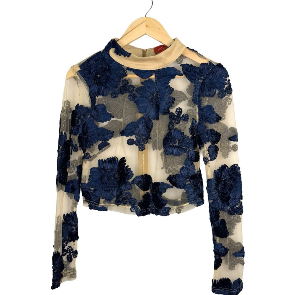 Akira Chicago Red Label Sheer Applique Crop Top | Nude & Navy | SIZE L